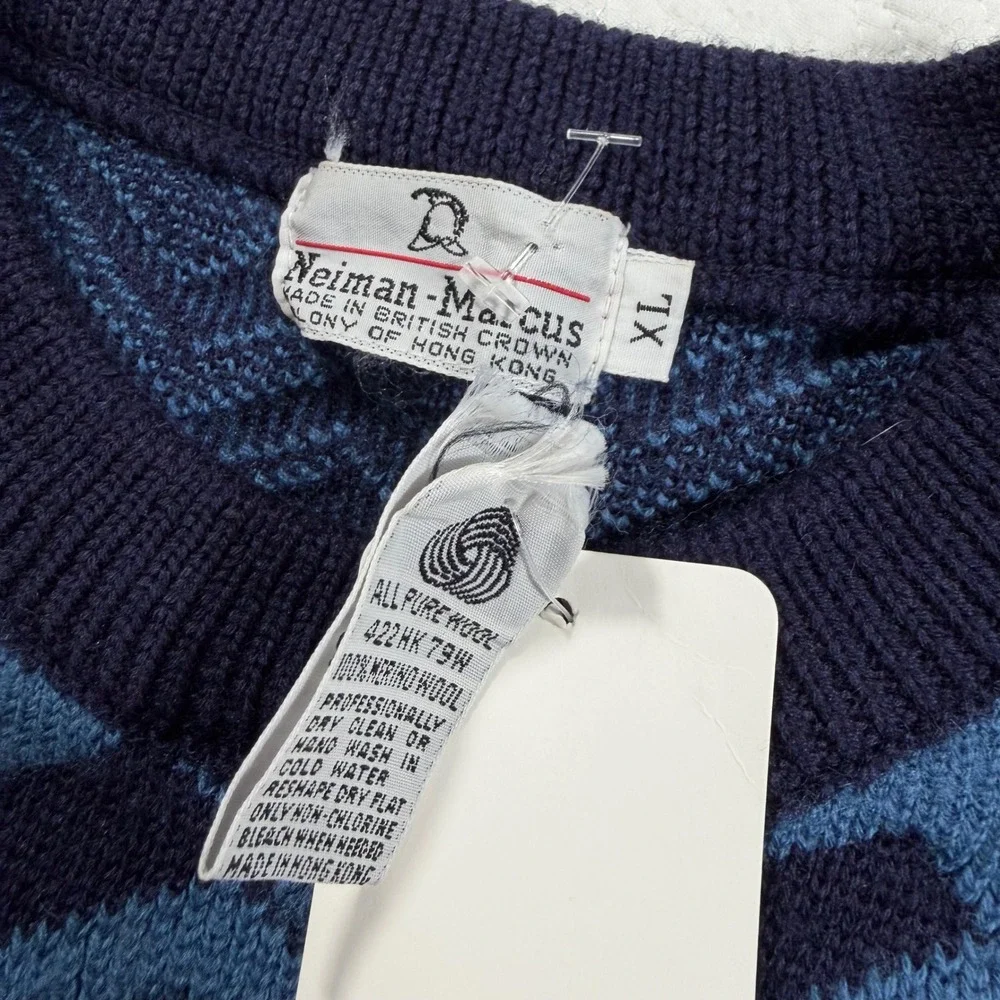 Vtg Neiman Marcus Mens XL Blue Black Zig Zag Knit Sweater Long Sleeve‎ 100% Wool